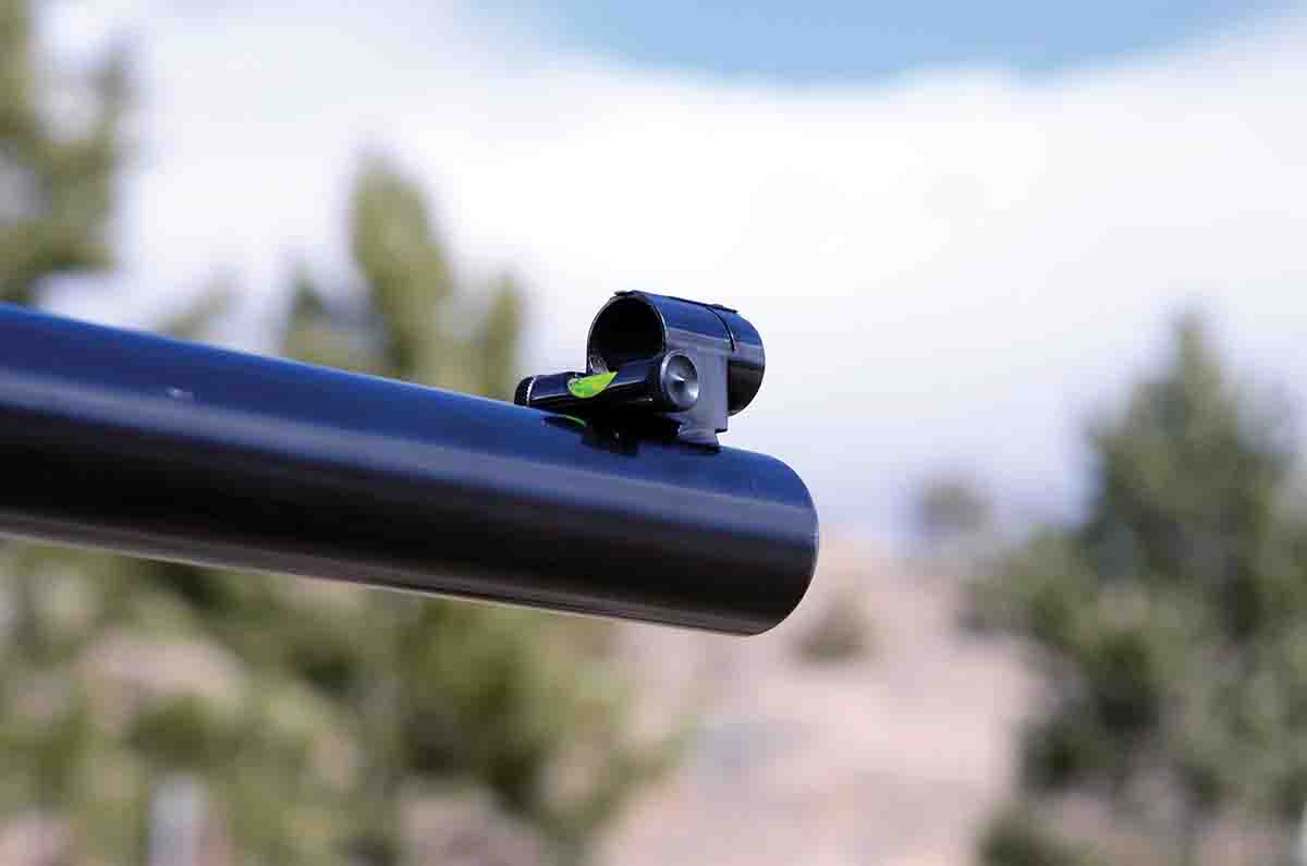 The front sight, for when the MVA High Wall is used with metallic sights, is an MVA No. 113 with a spirit level.
